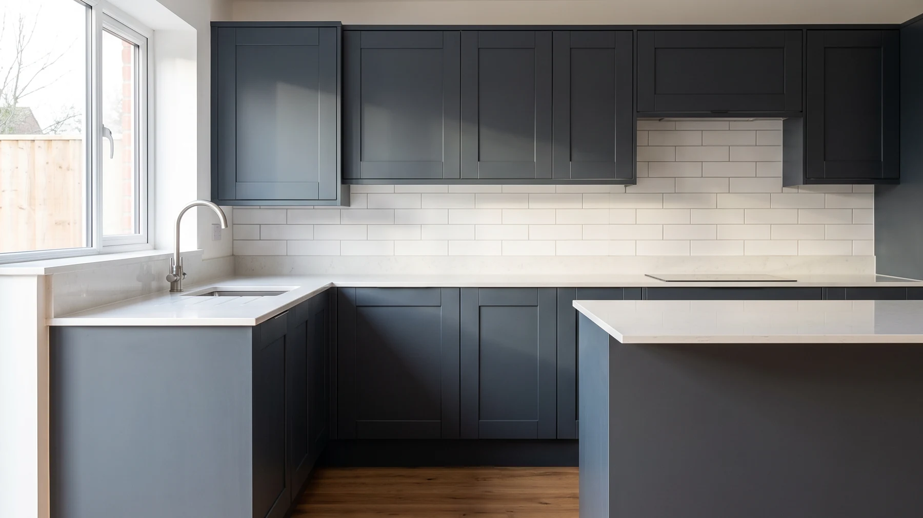 Placeholder image: a fitted kitchen with dark blue shaker units, a pale quartz worktop and oak flooring.