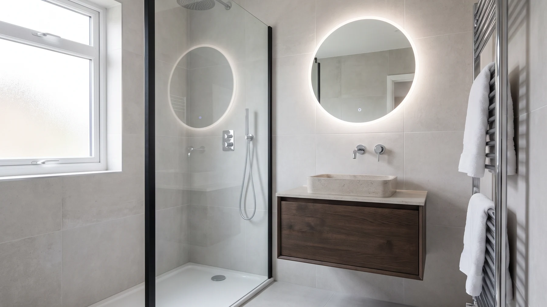 Placeholder image: a fitted bathroom with a walk-in shower, large grey tiles and a wall-hung vanity unit.