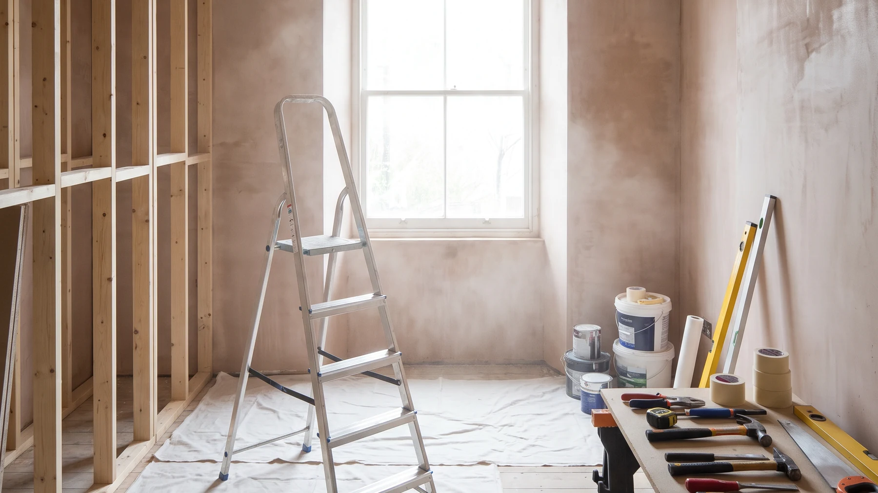 Placeholder image: a room mid-refurbishment with freshly plastered walls, dust sheets and hand tools laid out on a bench.